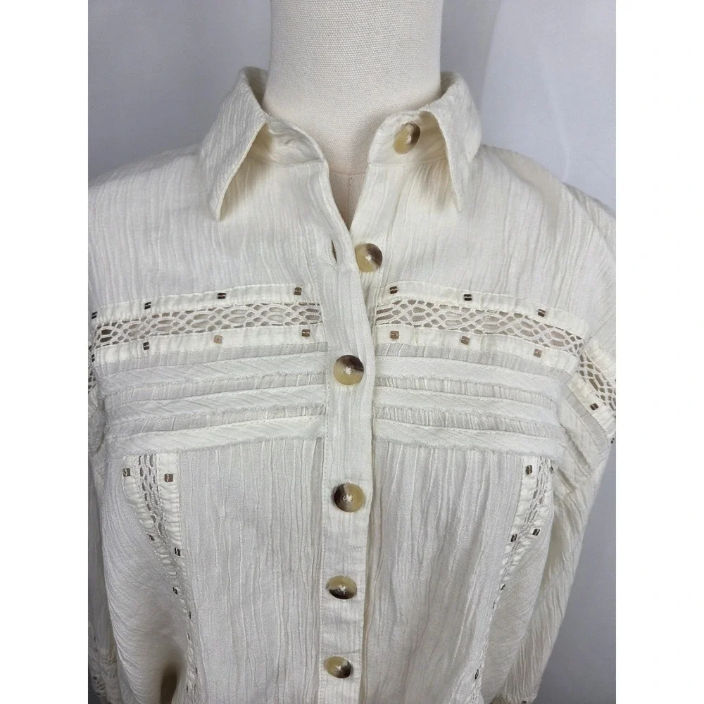 Free People Summer Stars Blouse Medium Ivory Gauzy Crochet Western Boho Top